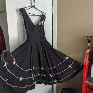 Full skirt black dress w/ birds on a wire pattern
